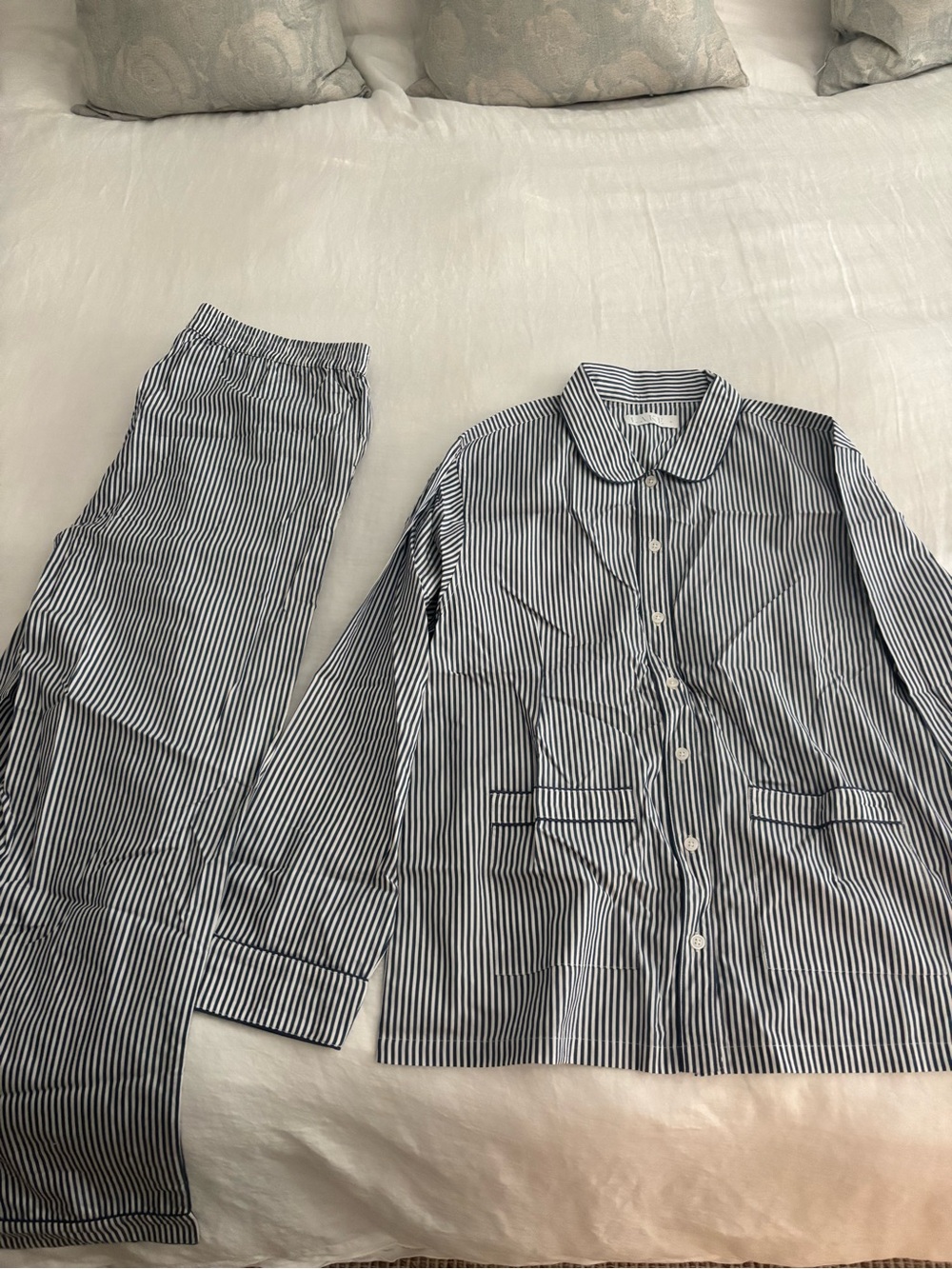 NWOT Lake Pajamas, Poplin Piped Long-Long Set in English Navy Riviera Stripe